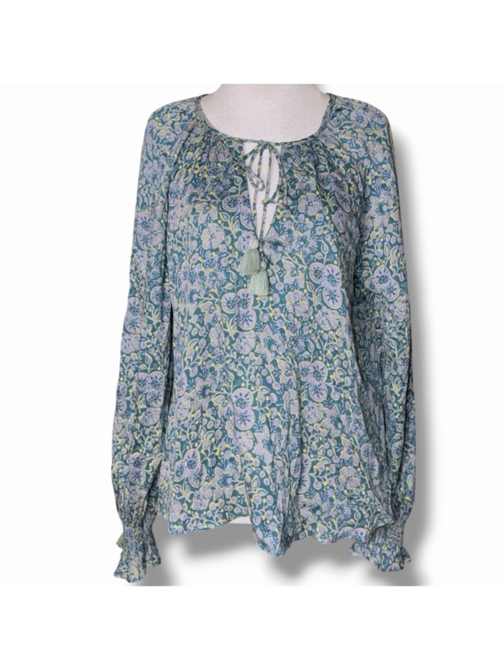 Omika S Tabia Blue Green Floral Tie Neck Long Sleeve Blouse Handmade Viscose EUC
